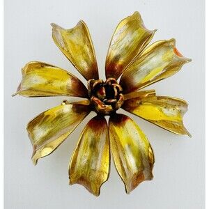 Vintage Flower Brooch Enamel  Floral Gold Tone Yellow Orange Pin 2.5”